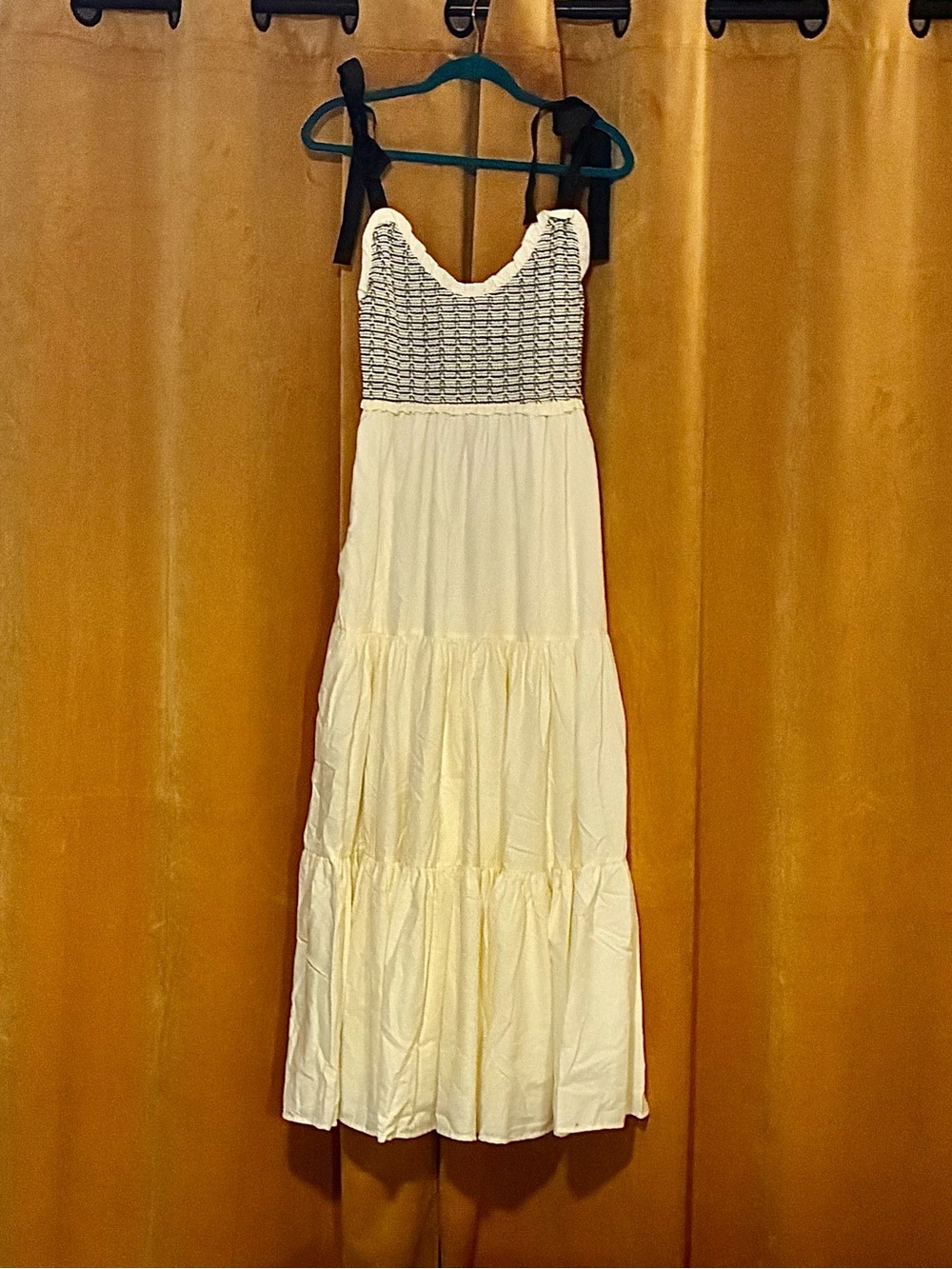 Smocked Bodice White Tiered Maxi Dress with Black Tie Straps